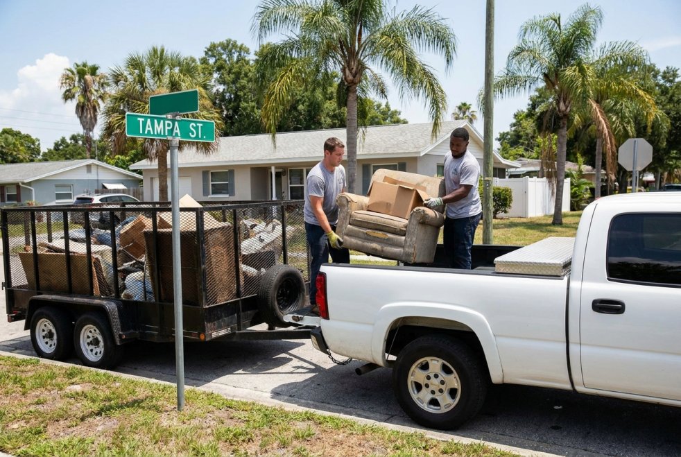 Two men in gray shirts loading junk into a trailer beside a white truck on Tampa Street