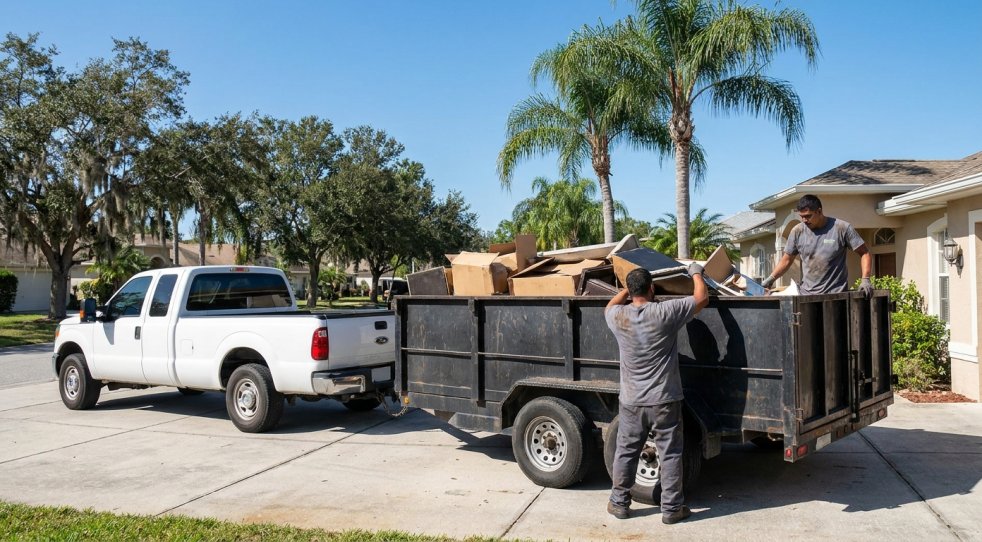 Two men loading a junk trailer attached to a white truck in a suburban driveway