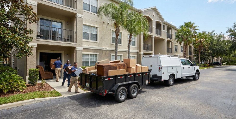 Workers loading furniture from an apartment cleanout into a white truck and trailer in Tampa apartment complex