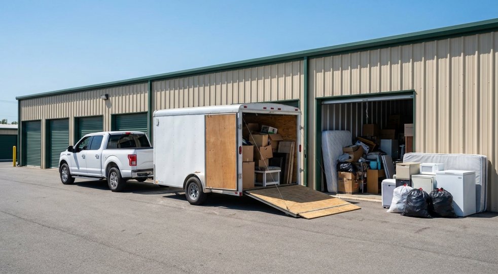 White pickup truck with trailer beside a storage unit during a clean-out, with boxes and junk piled outside