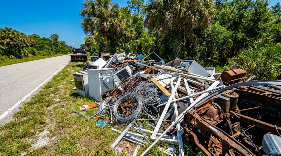 Scrap metal pile beside a Florida roadside with old appliances, car parts, and debris