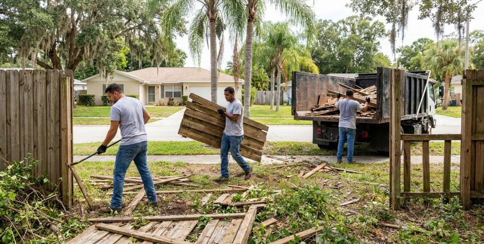 Crew dismantling a wooden fence in a residential yard and loading debris into a truck