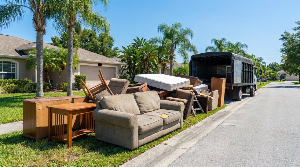 Curbside pile of unwanted furniture beside a removal truck on a Tampa neighborhood street
