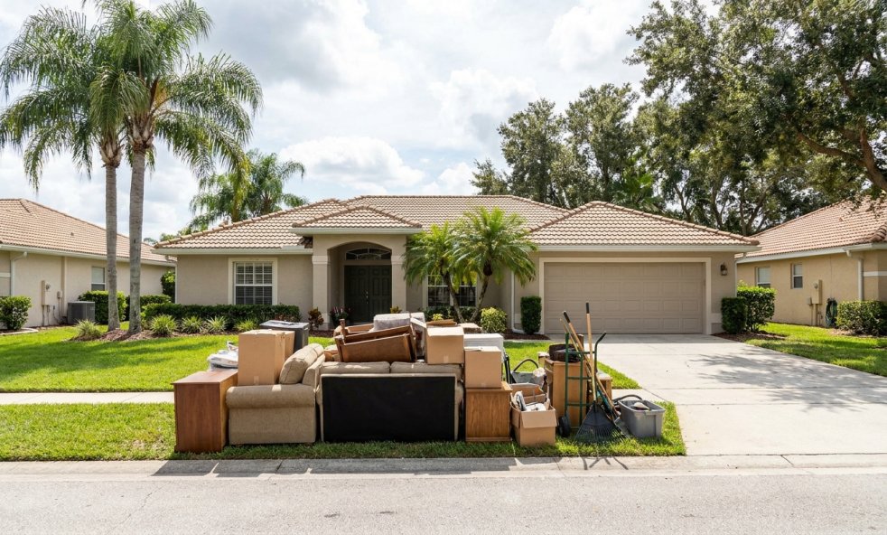 Suburban Florida home with furniture, boxes, and household items piled at the curb for estate cleanout