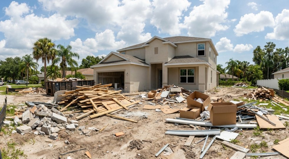 Construction debris and scrap wood scattered outside a new residential home in a Florida neighborhood