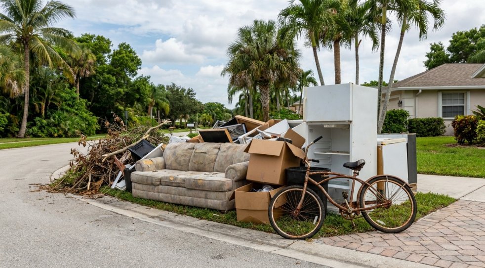Curbside pile of furniture, appliances, boxes, and yard debris in a Florida neighborhood for junk removal