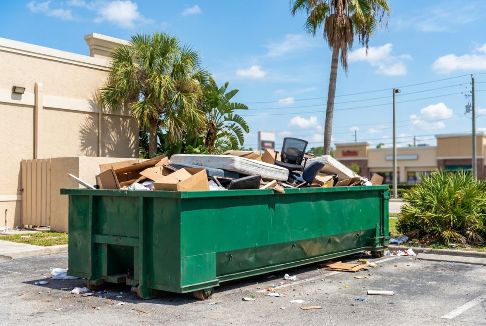 Overflowing commercial dumpster with scattered trash in a Florida parking lot near palm trees