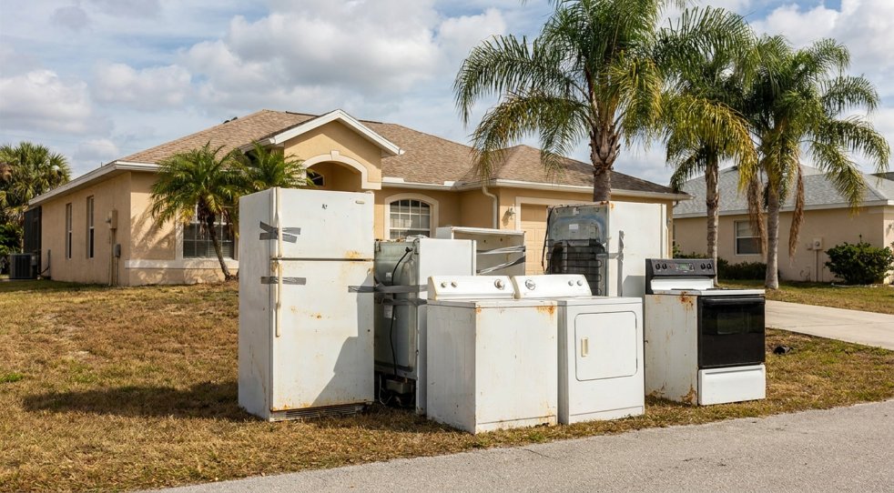 Roadside pile of old refrigerators, washers, dryers, and a stove in front of a Florida home